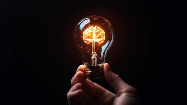 Hand holds a glowing brain inside a lightbulb against a dark background
