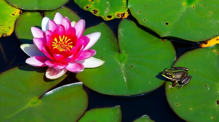 Frogs chirping in lotus pond reflect water lilies