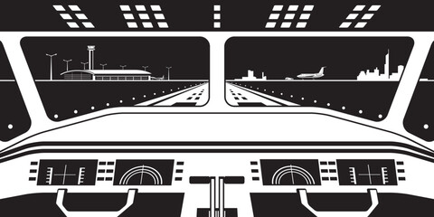 View to airport terminal from the cockpit of the plane landing by night &ndash; vector illustration