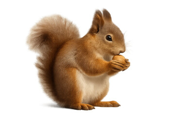 Obraz premium Red squirrel (sciurus vulgaris) holding a hazelnut with both paws, eating the nut with a transparent background
