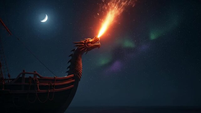 Nighttime Viking ship dragon figurehead breathing fire against starry sky and crescent moon during Up Helly Aa festival