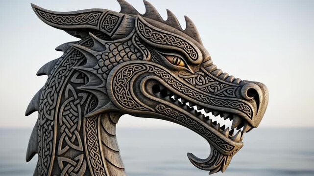 Intricately carved Viking dragon head sculpture, stone style, in muted earth tones, representing Nordic heritage and Up Helly Aa festival spirit against a calm sea background