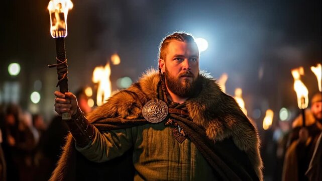 Viking warrior carrying a fiery torch during Up Helly Aa festival parade at night