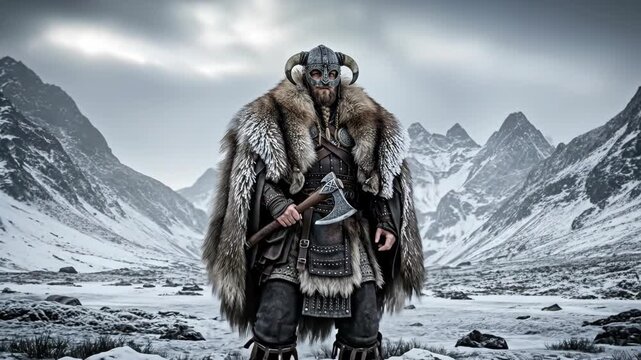 Viking warrior in furs with battle axe in snowy mountain landscape, representing Up Helly Aa tradition and Norse heritage celebration