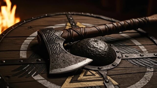 Viking axe and shield on wooden surface near fire, representing Up Helly Aa festival tradition