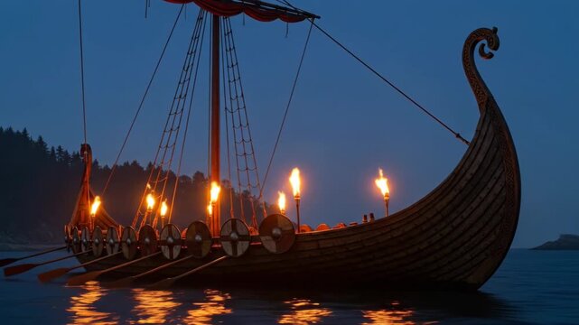 Viking longship with burning torches sailing on calm water at dusk during Up Helly Aa festival