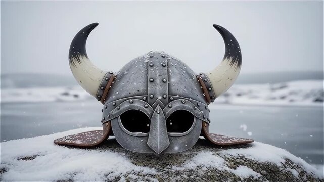 Viking helmet with horns on snowy rock, Up Helly Aa festival symbol against cold winter sea background