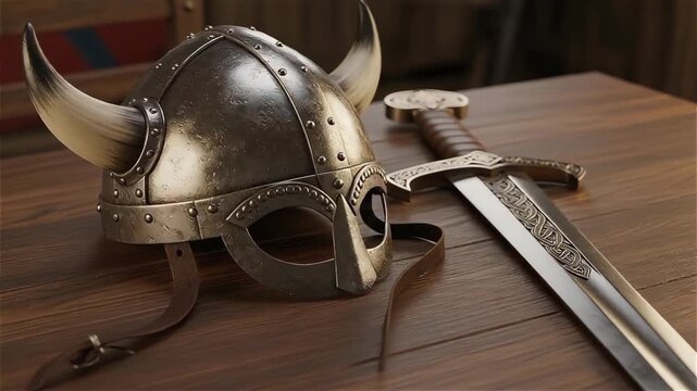 Viking helmet and sword on wooden table, historical weaponry for Up Helly Aa celebration