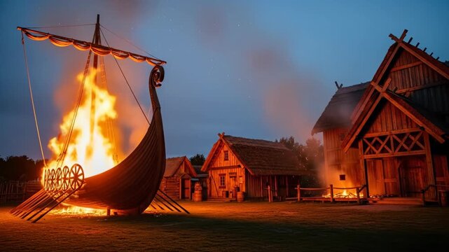Viking longship burning during Up Helly Aa festival, fiery night with traditional wooden village background