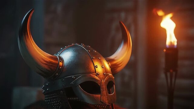 Viking helmet with horns symbolizing Up Helly Aa festival tradition against fiery torchlight background