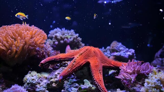 Vibrant Coral Reef Ecosystem with Starfish and Small Fish.
