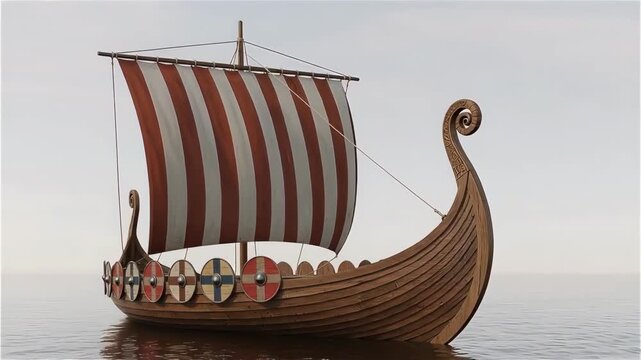 Viking longship with striped sail sailing smooth water, traditional Norse design representing Up Helly Aa festival heritage
