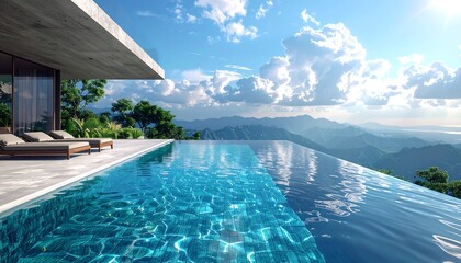 Infinity pool edge view of mountains under a bright blue sky with puffy clouds and greenery