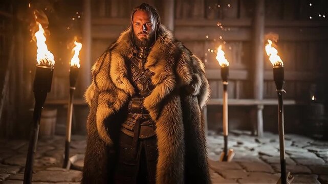 Viking man in fur cloak holding torches indoors, historic Up Helly Aa celebration mood