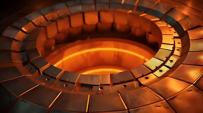 The intricate metallic interior of a tokamak fusion reactor, with its intensely hot, glowing plasma core in the center