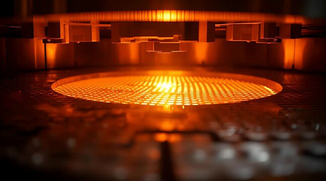 Close-up of a semiconductor wafer processing machine, its substrate glowing with intense orange heat inside an industrial furnace