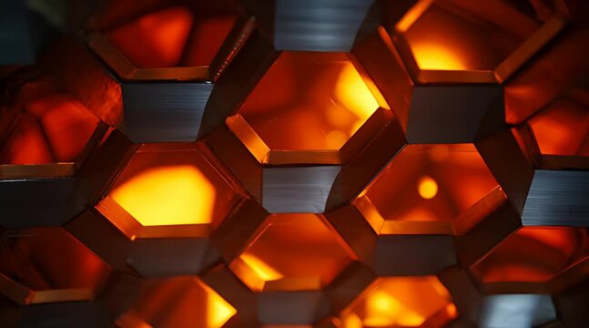 A close-up of a dark honeycomb structure with a shimmering, fiery orange light glowing from within. An abstract background representing advanced technology, heat, and energy