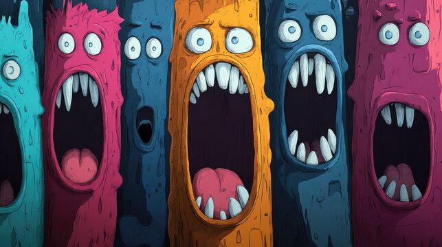 Group of Screaming Cartoon Monsters with Big Teeth