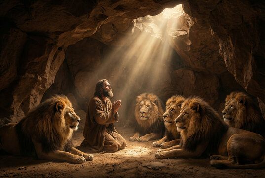 Daniel praying in the lions' den surrounded by powerful lions, AI generated biblical scene.