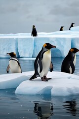 Obraz premium مجموعة من طيور البطريق تتجمع فوق منصة جليدية عائمة