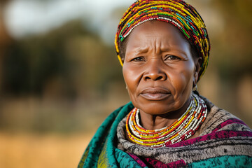 Portrait of a wise woman adorned in vibrant beads and colorful shawl