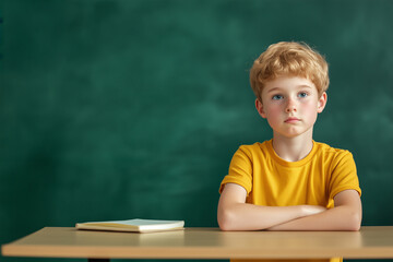 Boy in yellow shirt sits at a desk in a classroom setting