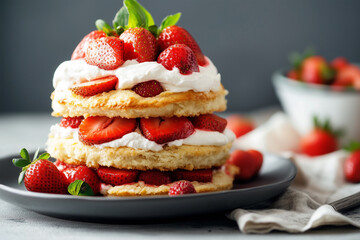Delicious strawberry shortcake served on a beautiful plate