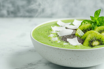 Fresh green smoothie bowl with fruit and toppings on a cool surface