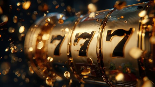 777 Gewinnkombination auf einem goldenen Spielautomaten &ndash; Lotteriegewinner, Sieg, Online-Casino-Poster