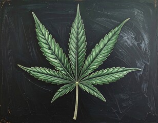 Large detailed cannabis leaf centered on a dark, textured background with faint brushstrokes and worn corners