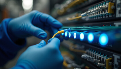 Technician connecting fiber optic cable to network server switch. Hands in blue gloves plugging wire into hardware port. IT infrastructure maintenance concept