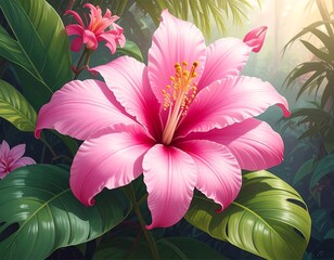 Lush, bright pink hibiscus flower blooms amid vibrant green foliage, illuminated by a gentle, warm light