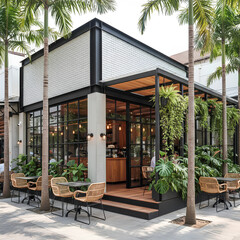 Stylish modern cafe with glass facade and tropical plants, combining contemporary architecture, outdoor seating, and relaxed urban lifestyle atmosphere.
