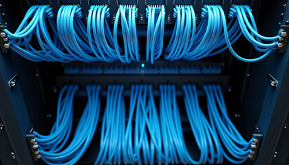 Server rack with blue ethernet cables connected to switch. Network connection and data transfer infrastructure in data center
