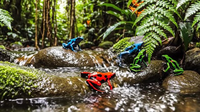Vibrant Poison Dart Frogs of various colors on mossy rocks in a stream within a lush jungle