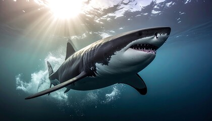 Large great white shark swimming in ocean, sunlight streaking from above, underwater view of predator's powerful form