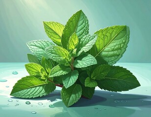 Lush bunch of mint leaves with droplets, presented in soft, airy light, creating a serene, nature-inspired aesthetic