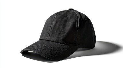 A black baseball cap on a white backdrop, casting a shadow. The hat is angled slightly to the side