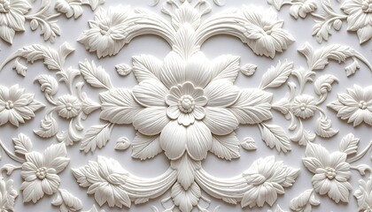 Ornate white floral pattern with raised textures, features a repeating central flower and flowing leaf designs