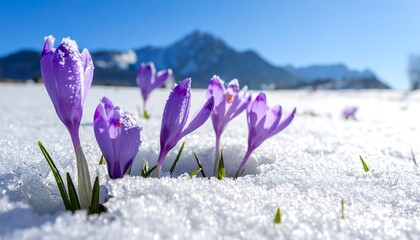 Purple crocus flowers bloom through a snowy field, mountain range blurred in the background under a sunny blue sky