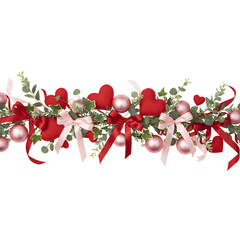 Valentine floral border with red hearts ribbons and pearls isolated on white