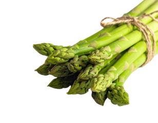 Close-up of fresh, vibrant green asparagus spears tied together with twine, isolated on black