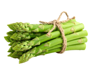 A bundle of fresh, bright green asparagus spears tied together with rustic twine against a neutral background