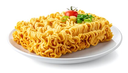 Instant noodles piled on a white plate, garnished with tomato and green onions against a white background
