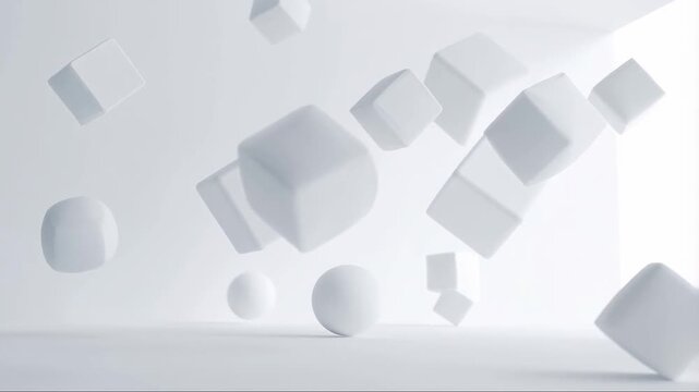 Abstract 3D animation of white cubes and spheres floating and tumbling in zero gravity within a clean minimalist white space