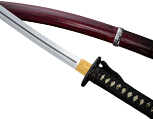 Close-up of a Japanese tanto knife, black handle, and polished metal blade, against black background