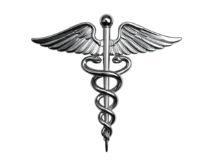 Metallic Caduceus symbol, featuring wings and two snakes entwined around a staff on black