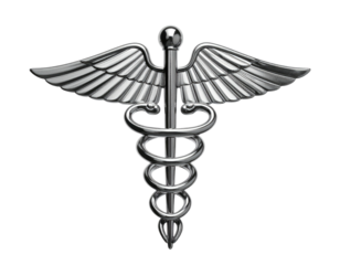 Highly detailed, metallic render of the caduceus symbol on a black background