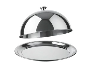 Polished, open serving tray with dome cover, metallic silver on black background
