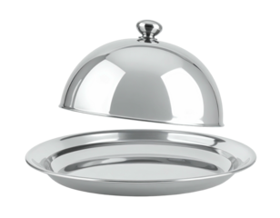 A gleaming stainless steel serving dish with a dome lid, slightly ajar, set against a transparent background